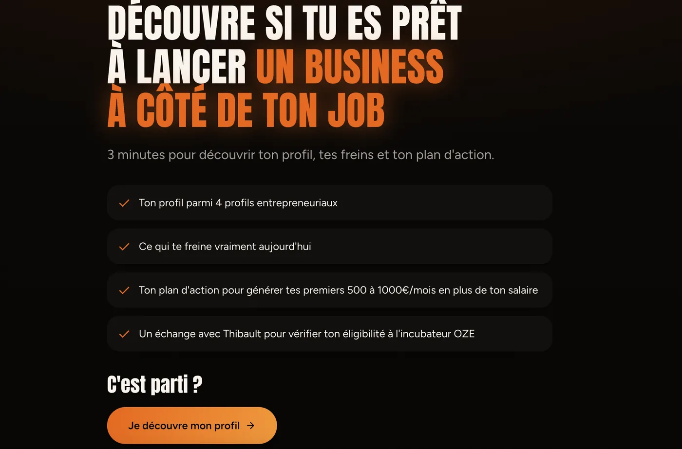 Landing page du quiz OZE